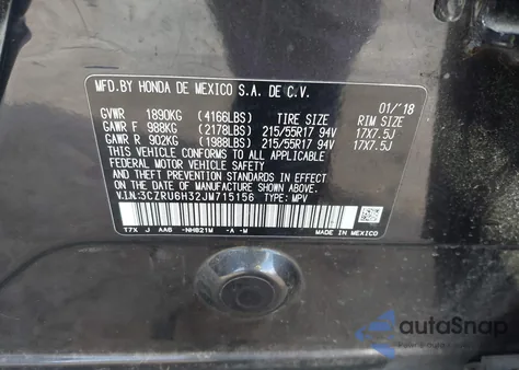 2018 Honda Hr-V Lx z USA, uszkodzony, nr VIN 3CZRU6H32JM715156